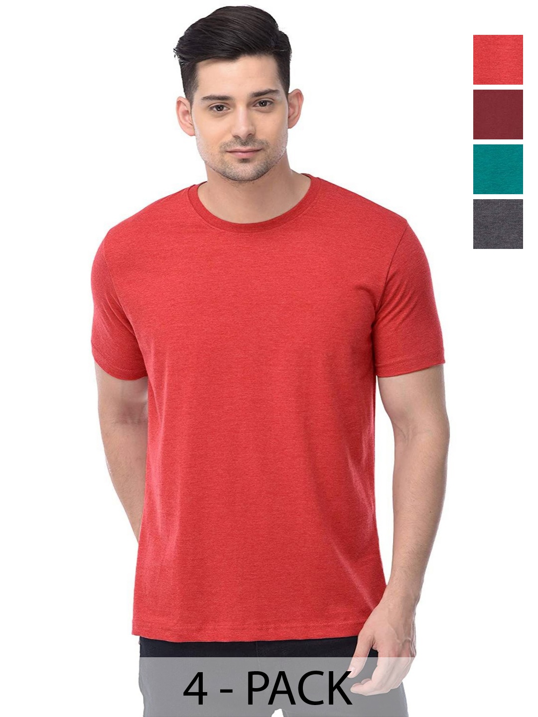 

COLOR CAPITAL Unisex Pack Of 4 Solid Round Neck Cotton T-shirts, Red