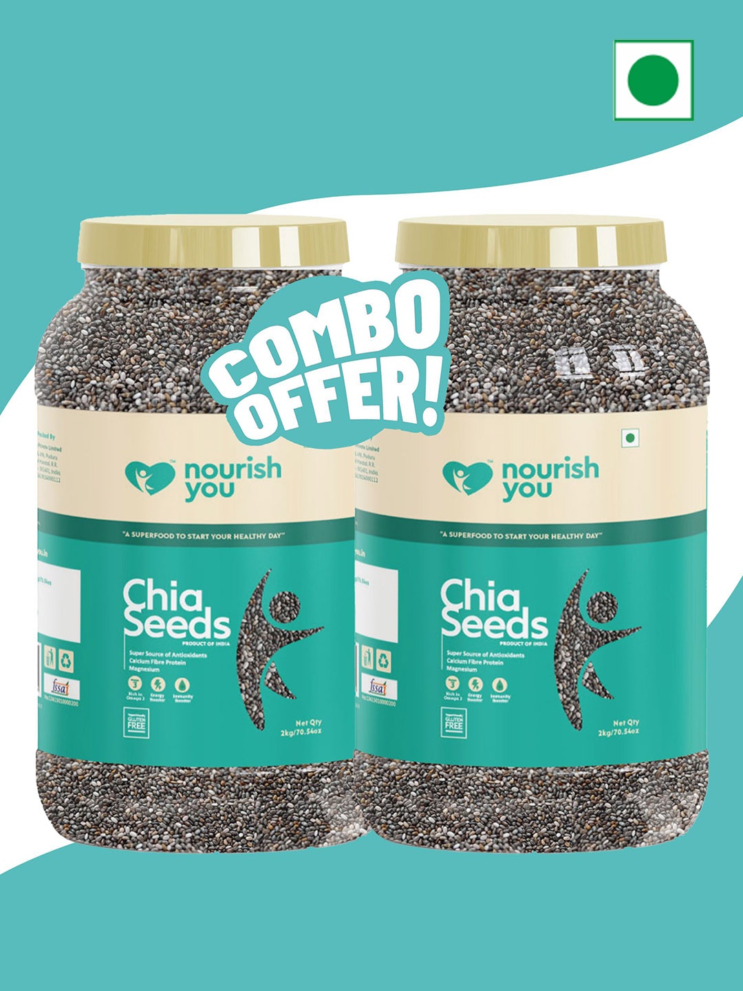 

Nourish You Pack of 2 Black Chia Seeds Jar 2 Kg each, Green