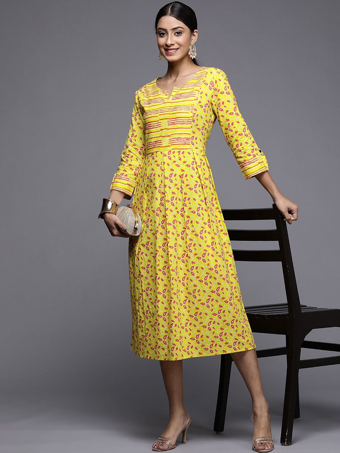 

Indo Era Floral Print A-Line Midi Dress, Yellow