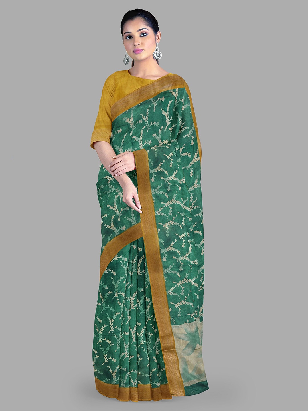 

The Chennai Silks Floral Printed Zari Chanderi Saree, Green