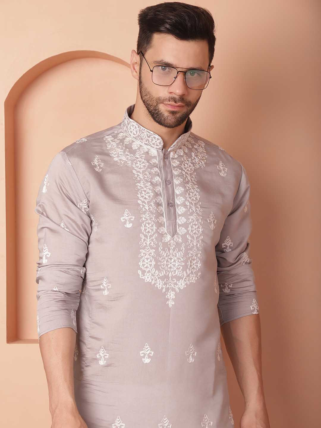 

Jompers Ethnic Motifs Embroidered Regular Chikankari Kurta With Pyjamas, Grey