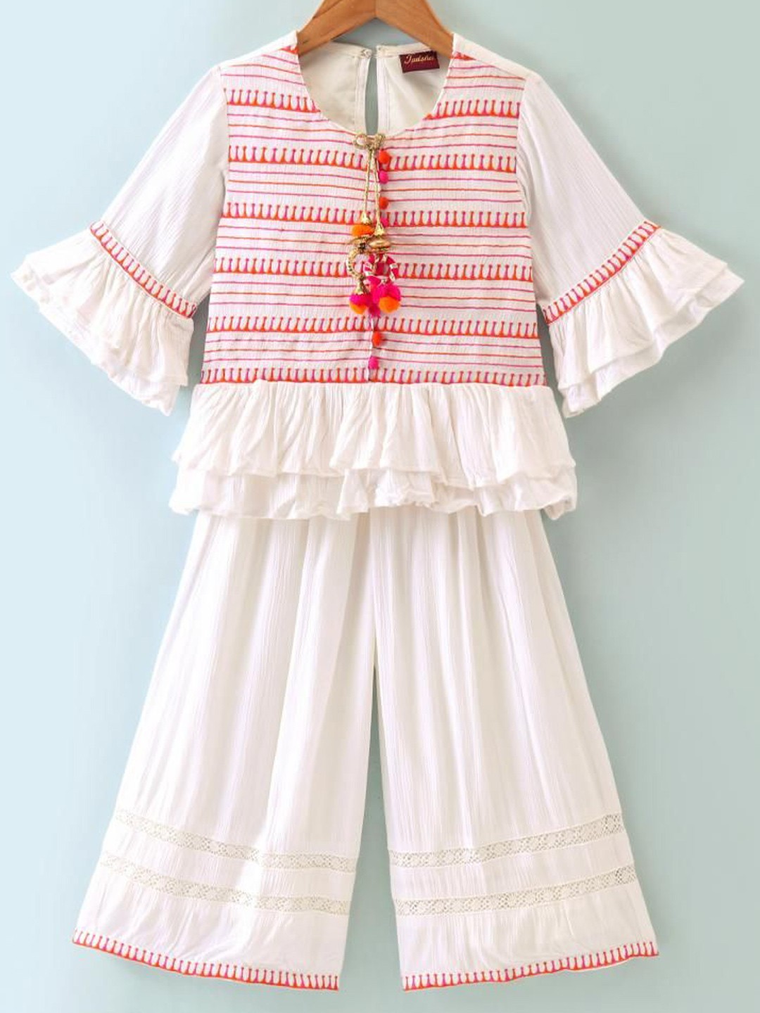 

Twisha Girls Embroidered Bell Sleeves Top With Palazzo, White
