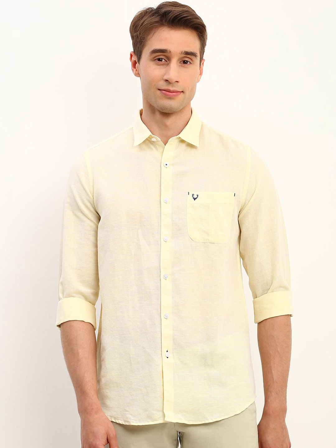 

Allen Solly Men Spread Collar Solid Cotton Linen Slim Fit Casual Shirt, Yellow