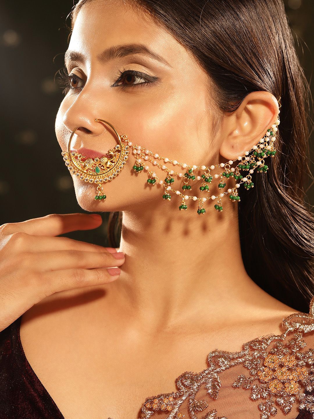 

Priyaasi Gold-Plated Peacock Design Pearl & Kundan Chained Nosepin