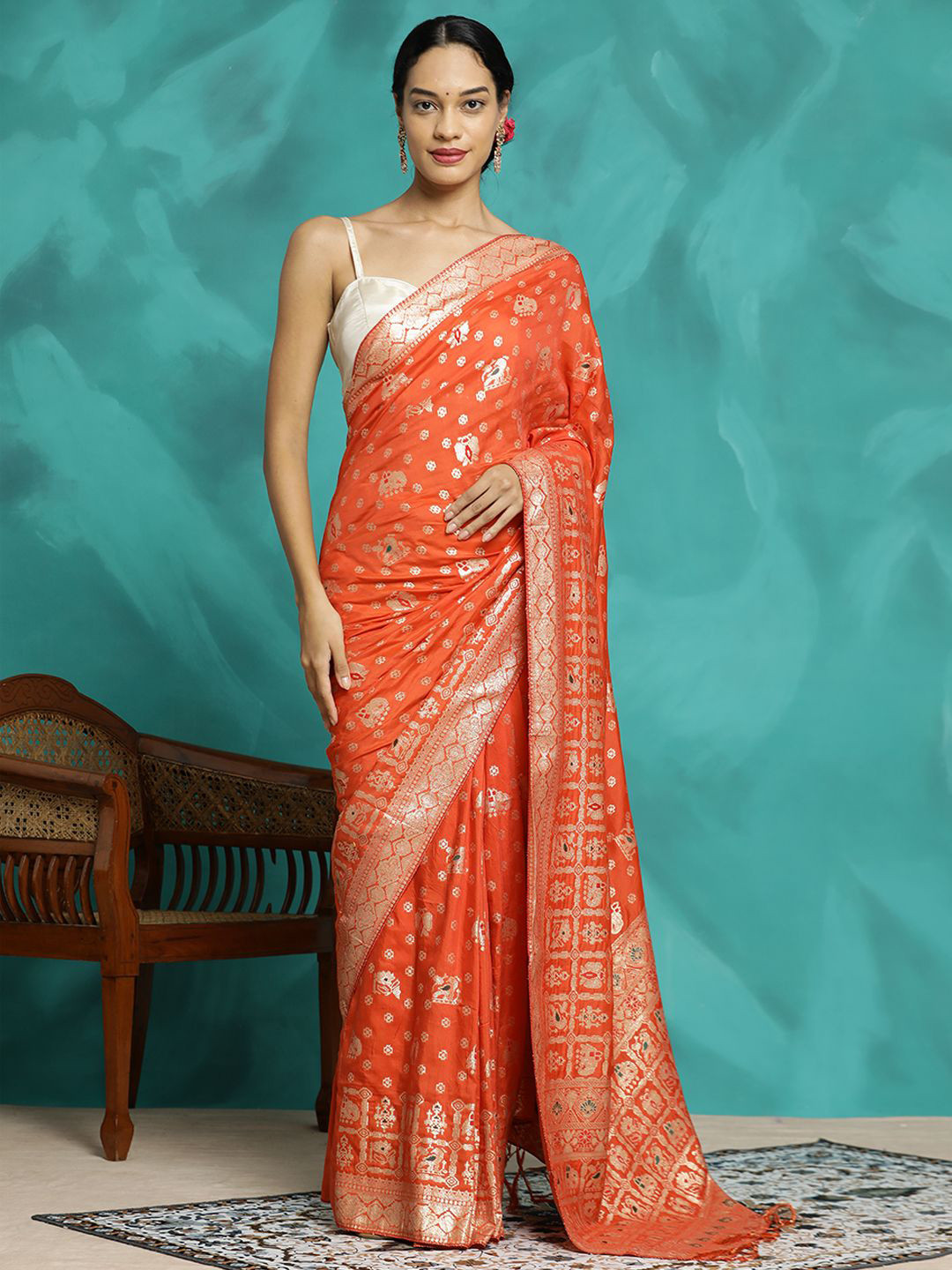 

Jaipur Kurti Festive Zari Woven Heavy Banarasi Saree, Orange