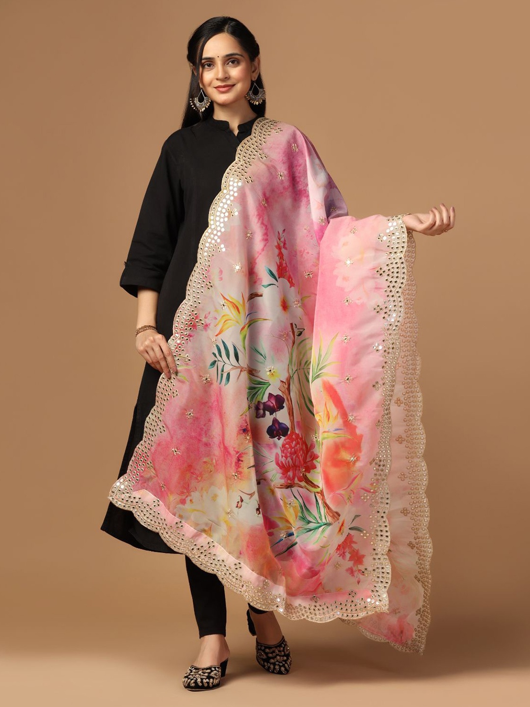 

Kaizen TEXO FAB Floral Printed Mirror Work Organza Dupatta, Pink
