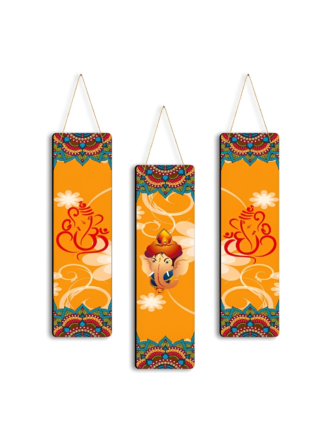 

CLAWCRAFTS &Red Yellow 3 Pieces Lord Ganesha Painting Wooden Wall Hanging