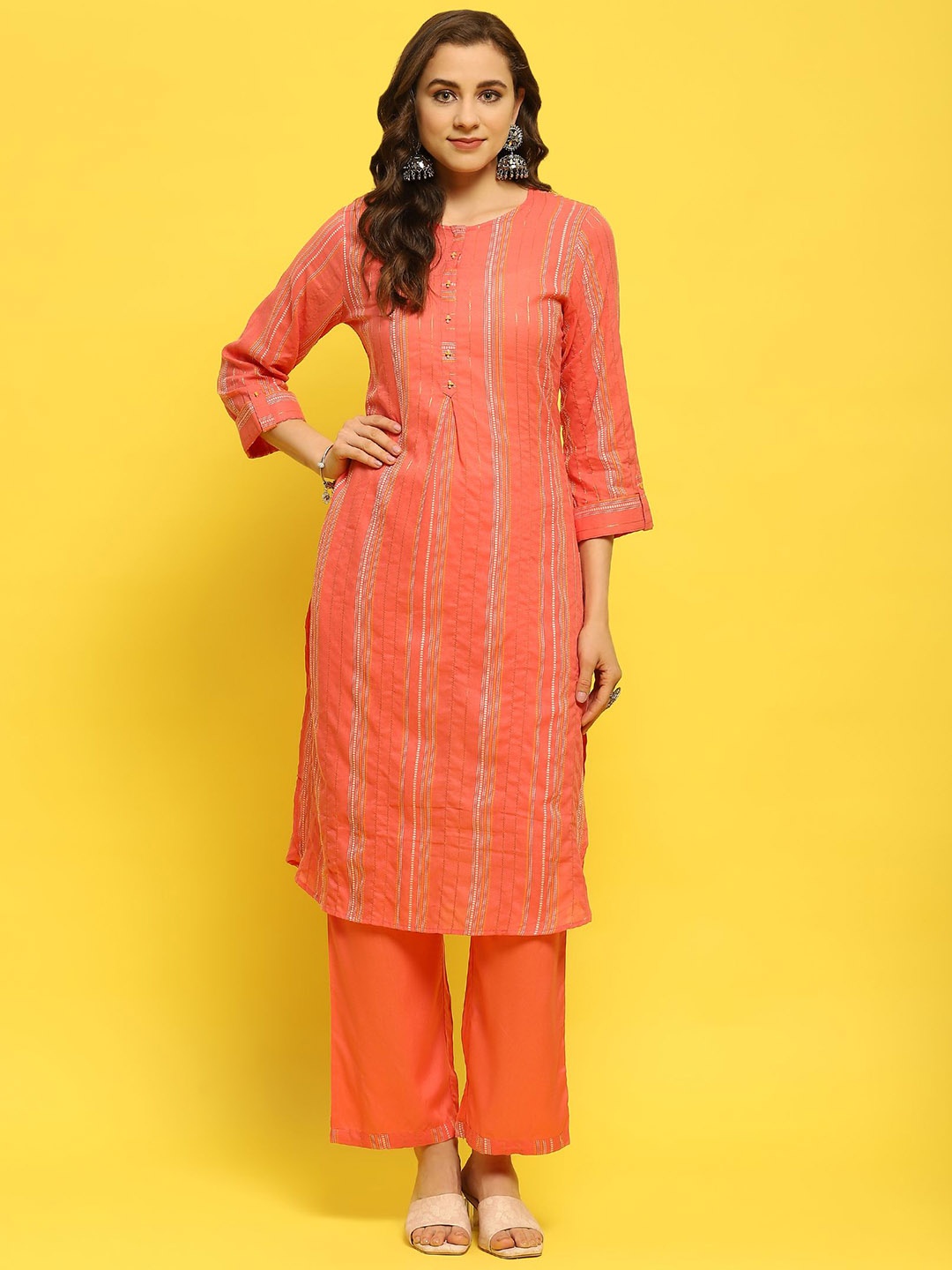 

Shree Women Printed Regular Thread Work Pure Cotton Kurta with Trousers, Peach