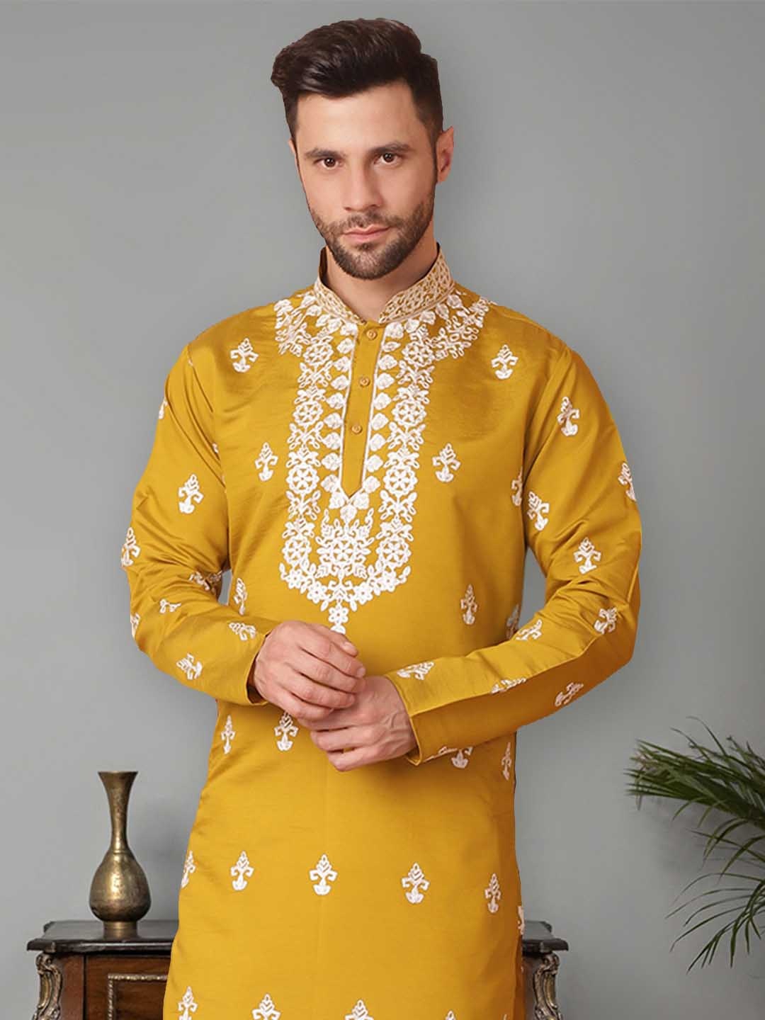 

Jompers Floral Embroidered Mandarin Collar Chikankari Straight Kurta With Pyjama, Mustard