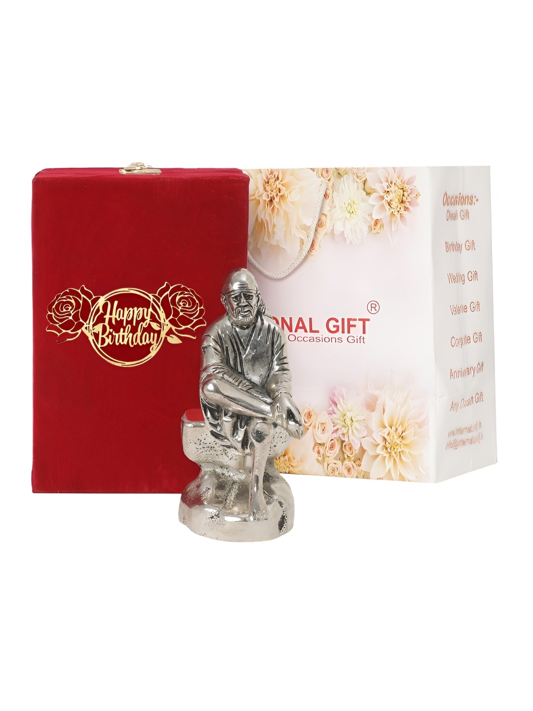 

INTERNATIONAL GIFT Silver-Toned Sai Baba Idol with Happy Birthday Tag & Velvet Box