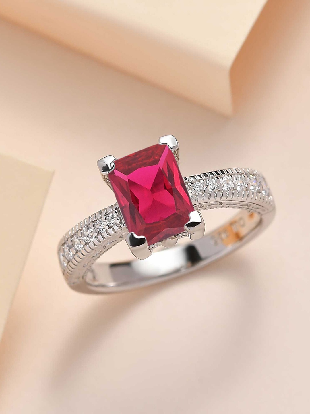 

Ornate Jewels Women 925 Sterling Silver Red Ruby and American Diamond Ring
