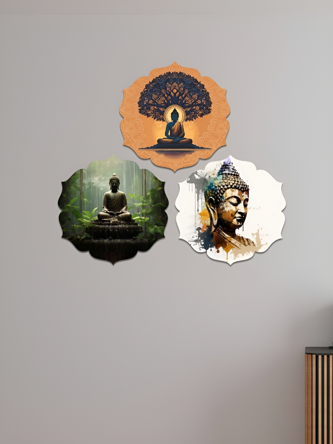 

CLAWCRAFTS Orange coloured & green 3 Pieces Buddha Wooden Wall Hangings