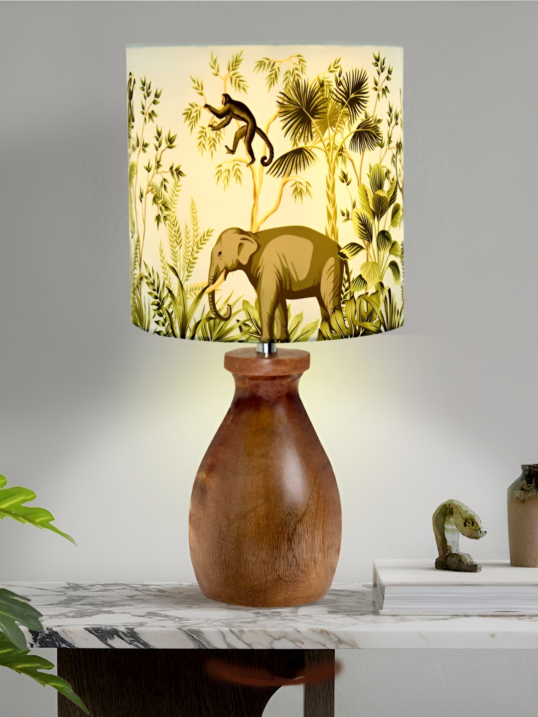 

Homesake Green Printed Wood Traditional Cylindrical Shaped Table Lamp with Bulb