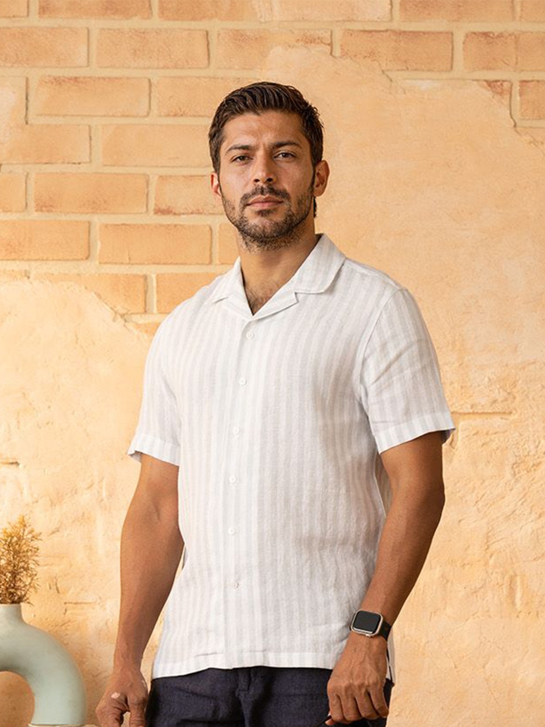 

Monks of Method Men Relaxed Cuban Collar Striped Linen Relaxed Fit Casual Shirt, Green