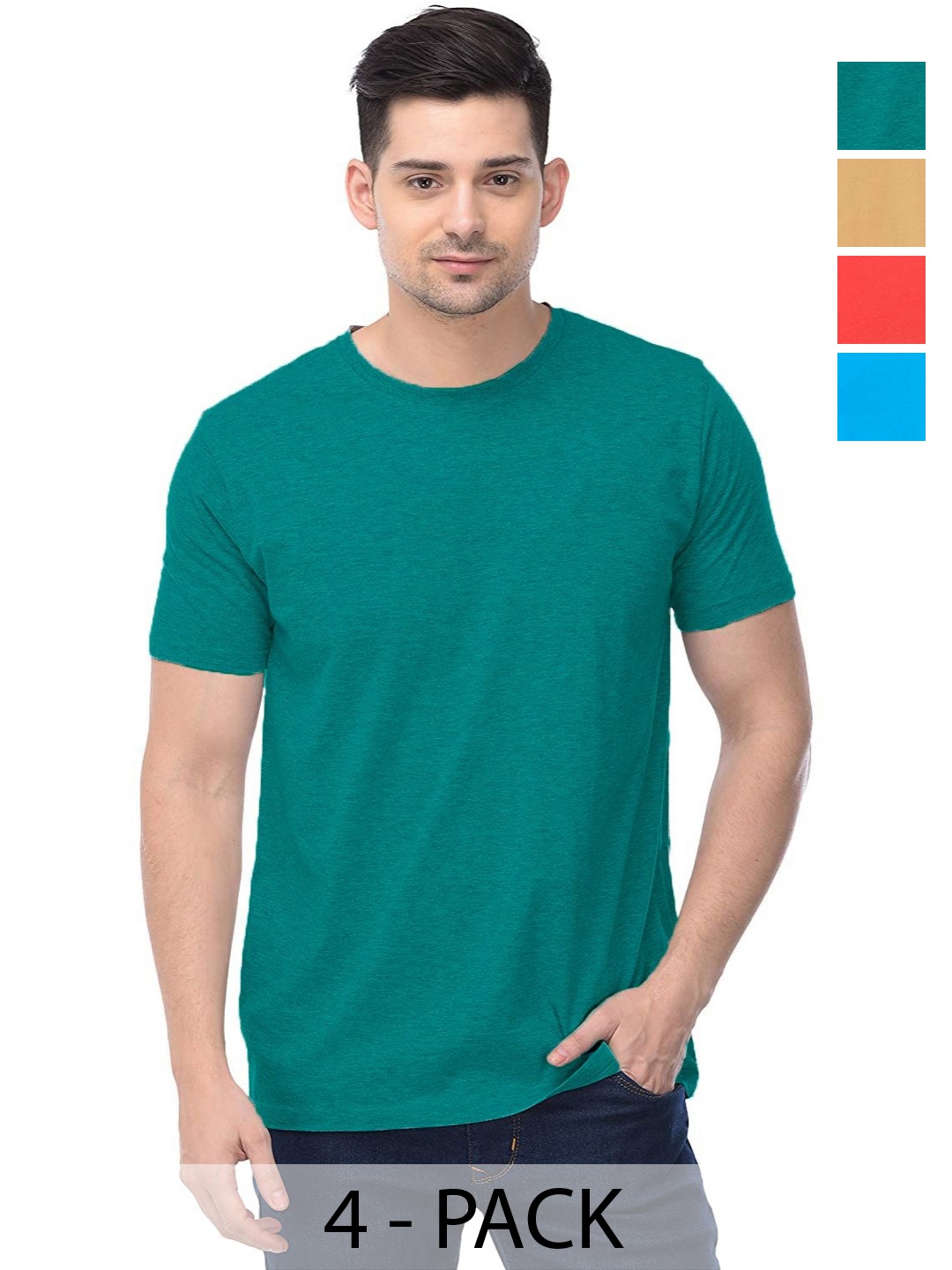 

COLOR CAPITAL Unisex Pack Of 4 Solid Round Neck Cotton T-shirts, Green