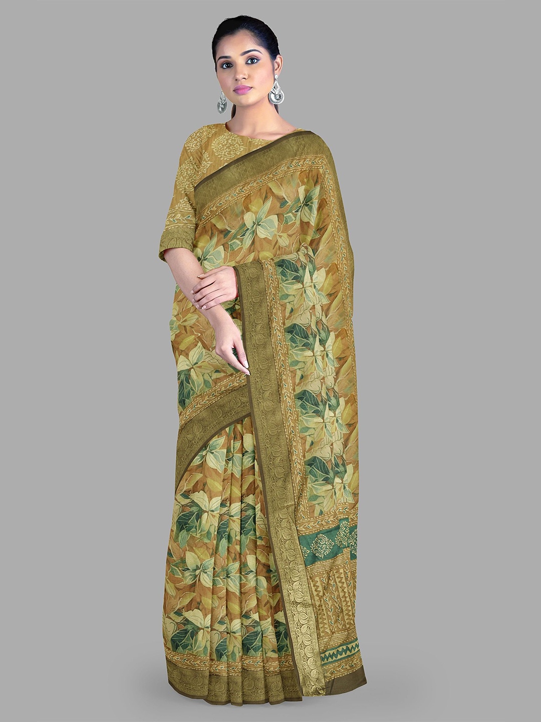 

The Chennai Silks Floral print Banarasi dupion saree with blouse piece, Brown