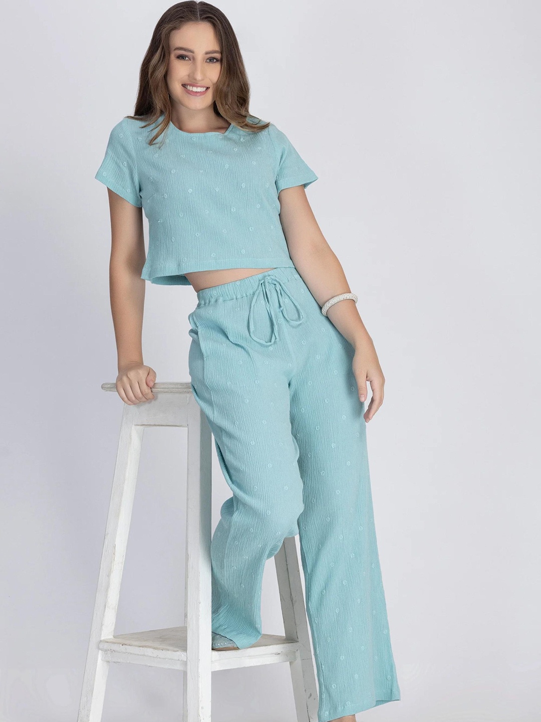

DESIGNS BY QUEEN BEE Self-Design Pure Cotton Crop Top & Trouser, Blue