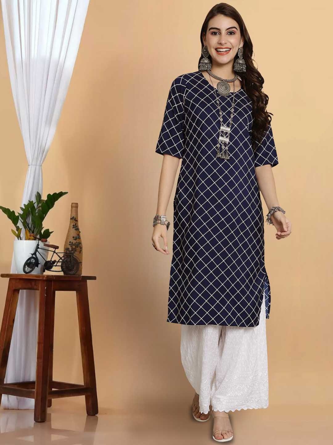 

7Threads Checked Crepe Straight Kurta, Blue