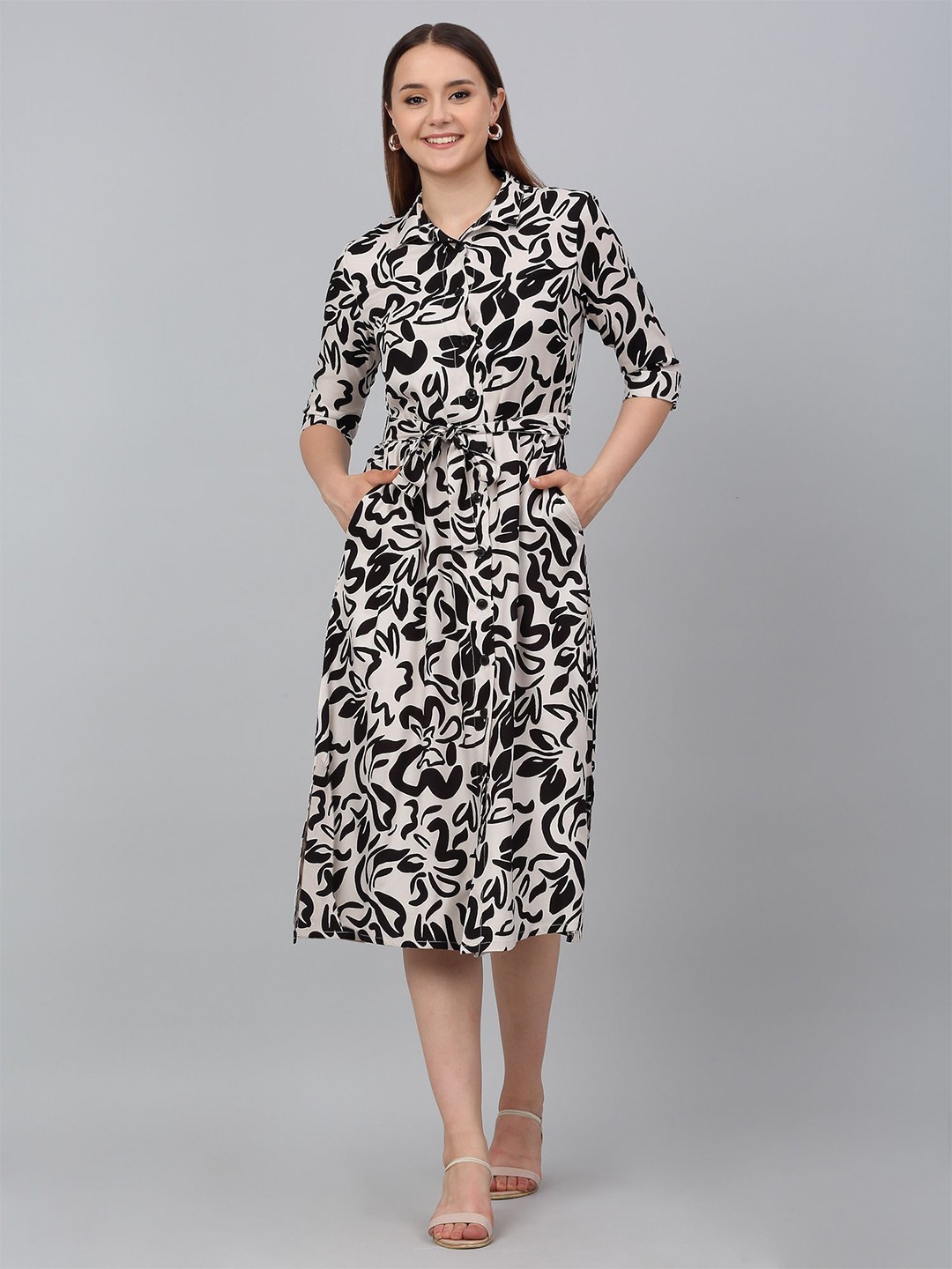 

Cantabil Printed Fit & Flare Midi Spread Collar Casual Dress, Black
