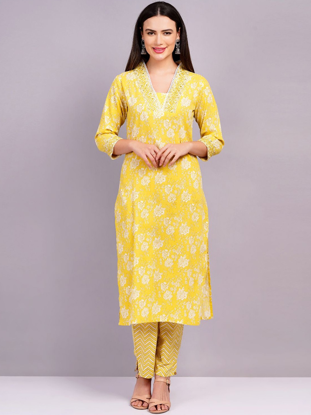 

JC4U Women Floral Printed Regular Mirror Work Pure Cotton Kurta with Trousers & With Dupatta, Yellow