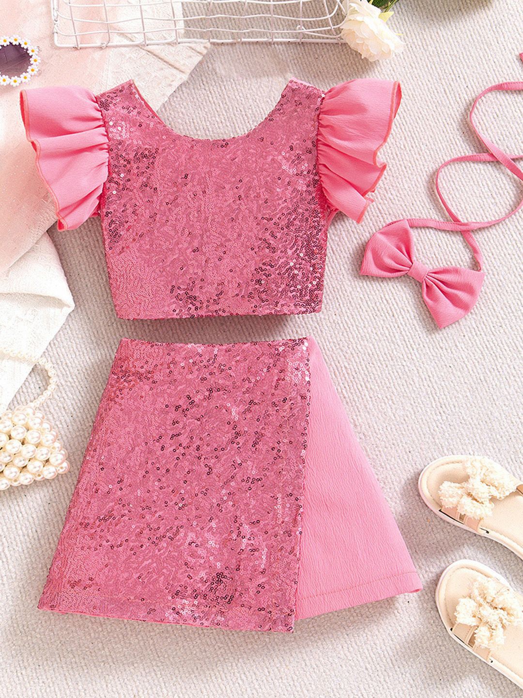 

INCLUD Girls Embellished Sequinned Top with Shorts, Pink
