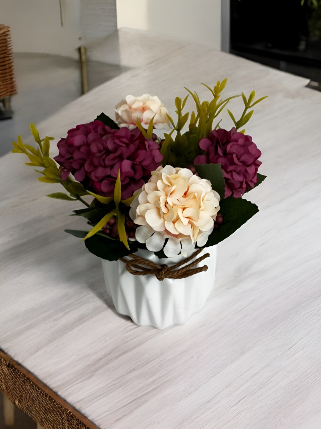

Art Street Maroon Artificial Hydrangea Bouquet & Variety Silk Flowers With Ceremic Vase
