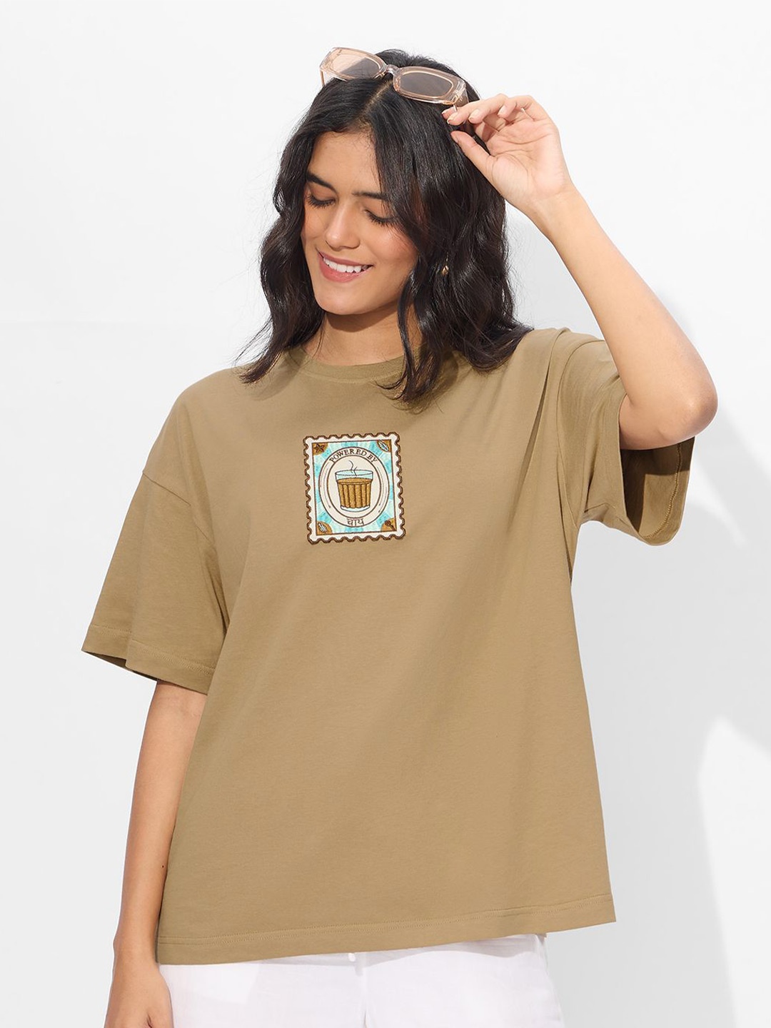 

The Souled Store Women Graphic Printed Round Neck Cotton Oversized T-shirt, Brown