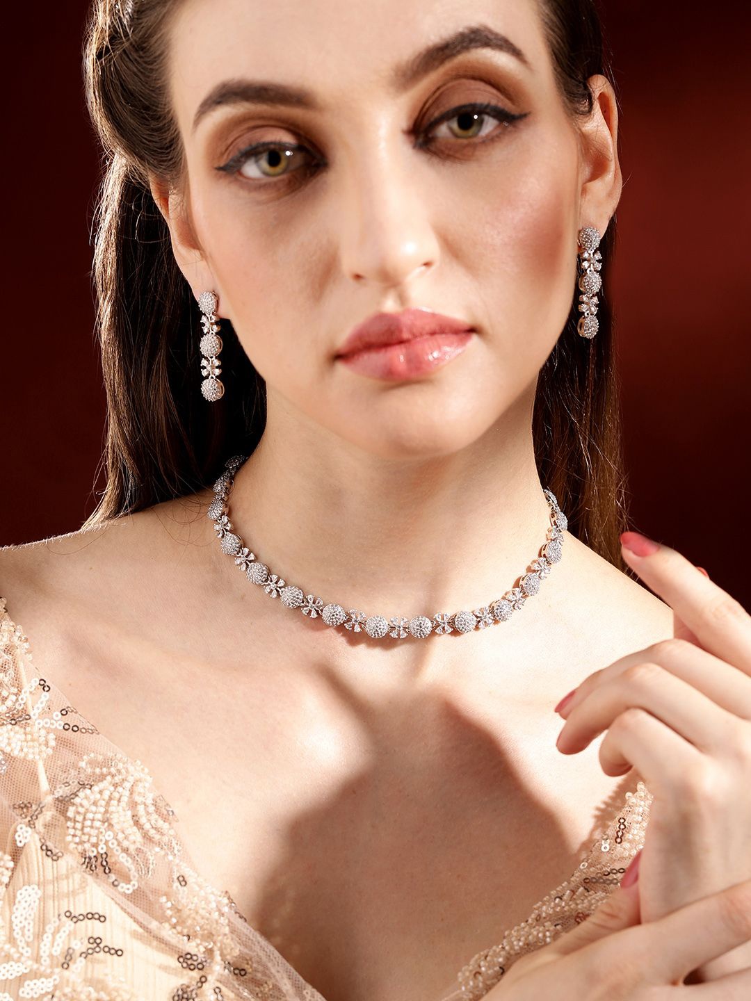

Priyaasi Silver-Plated American Diamond-Studded Elegance Blossom Design Jewellery Set