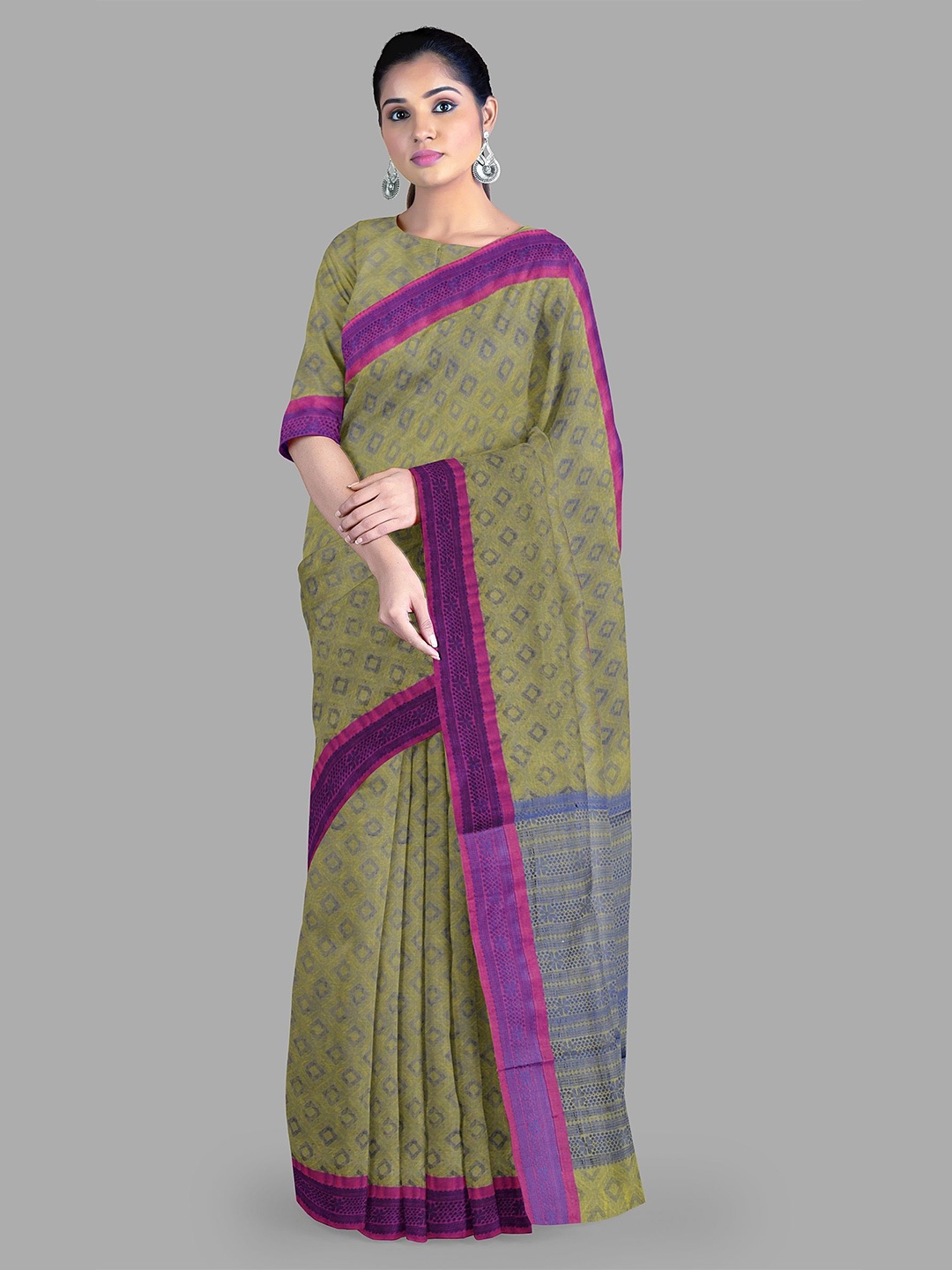 

The Chennai Silks Woven Design Pure Cotton Geometric Kovai Saree, Green