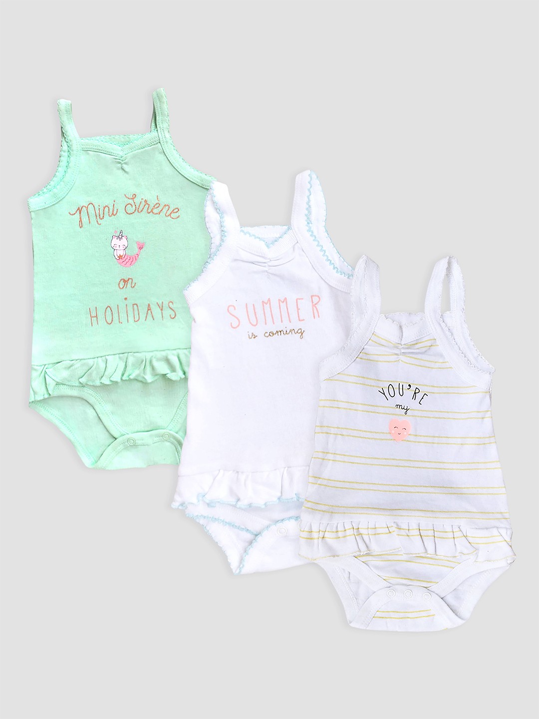 

Kidbea Infant Girls Pack Of 3 Printed Cotton Bodysuit, Green