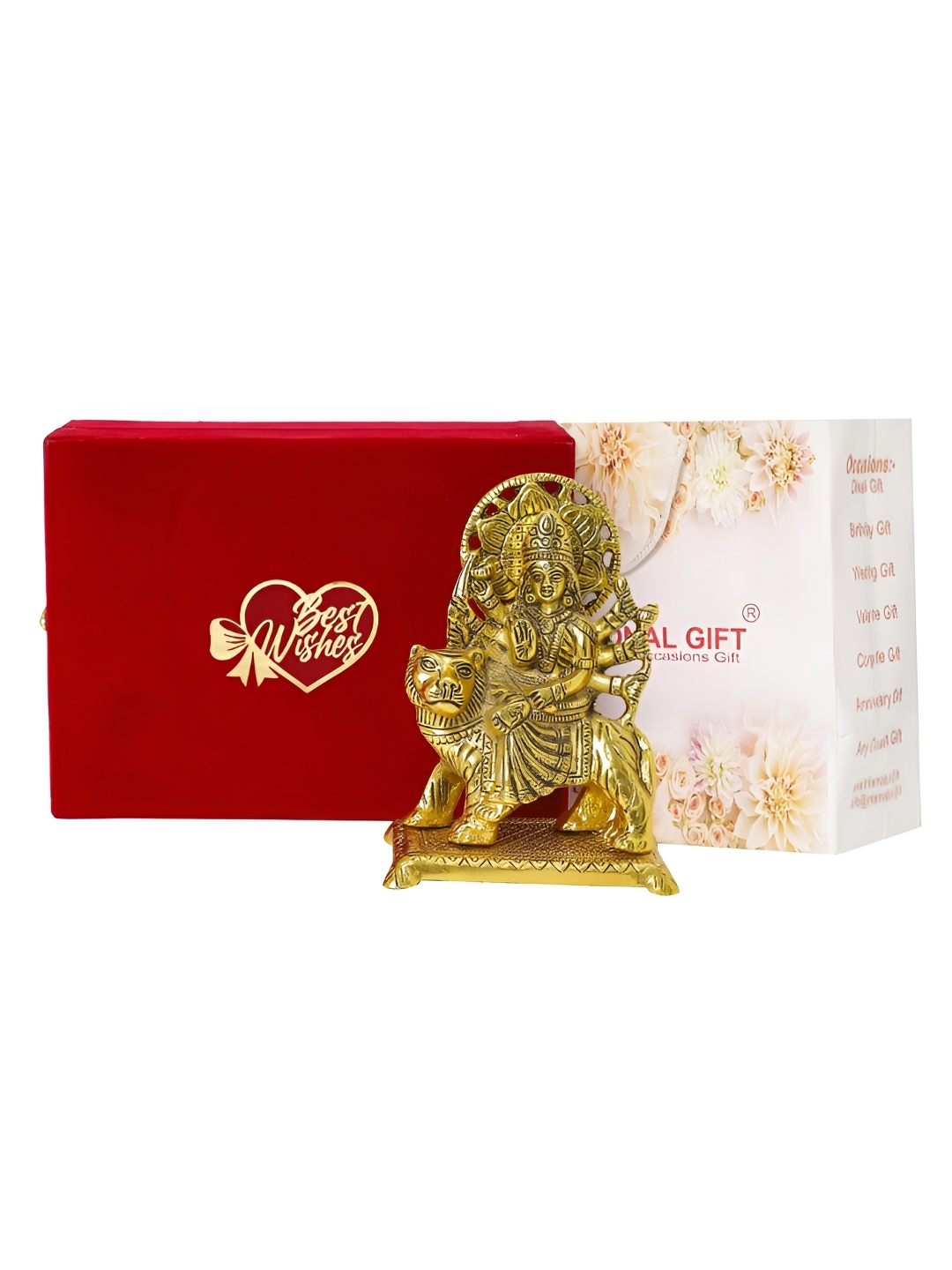 

INTERNATIONAL GIFT Gold Toned Durga Mata Idol Metal Showpiece With Velvet Box & Bag