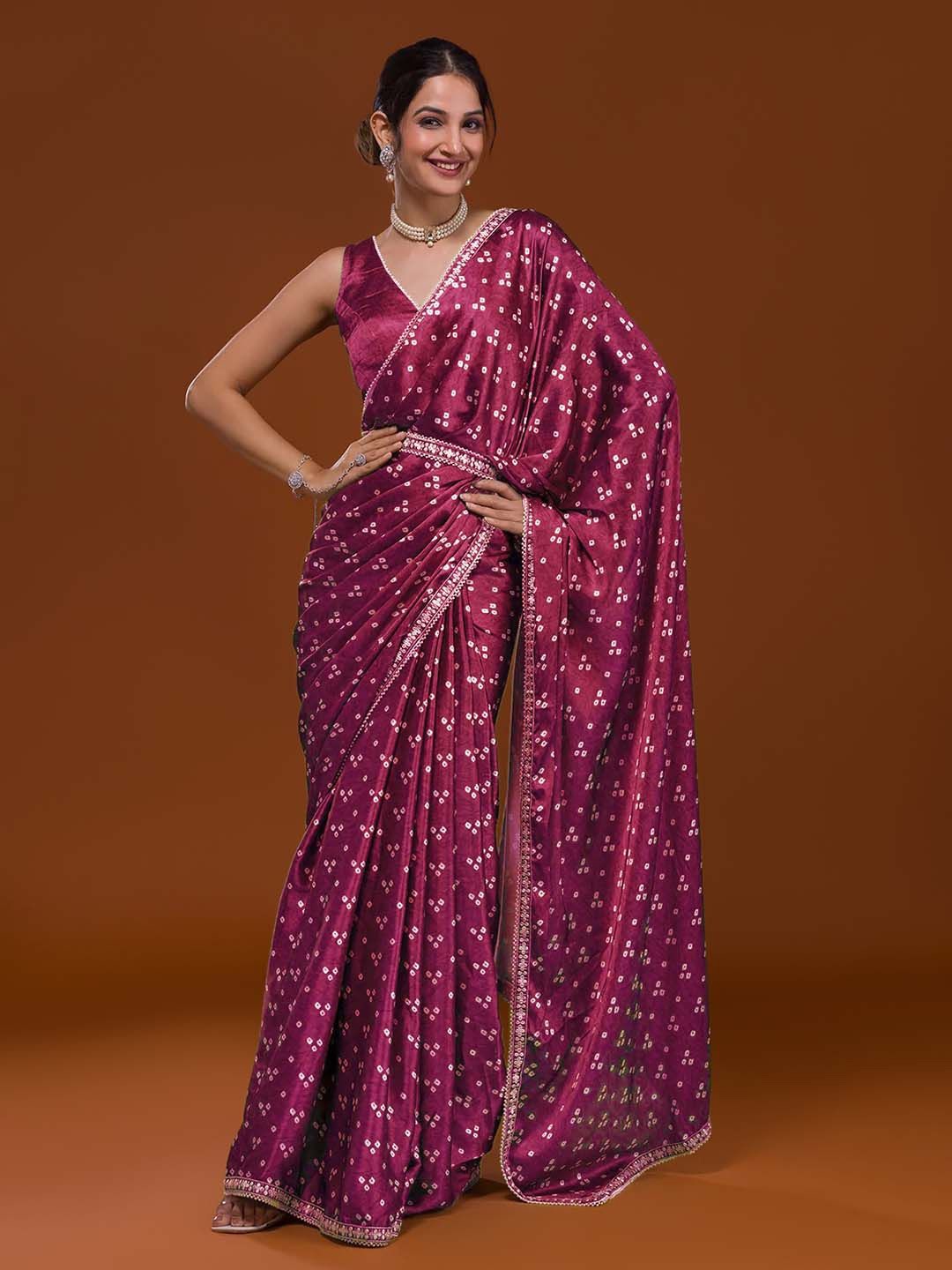 

Likha Bandhani Embroidered Satin Bandhani Saree, Pink