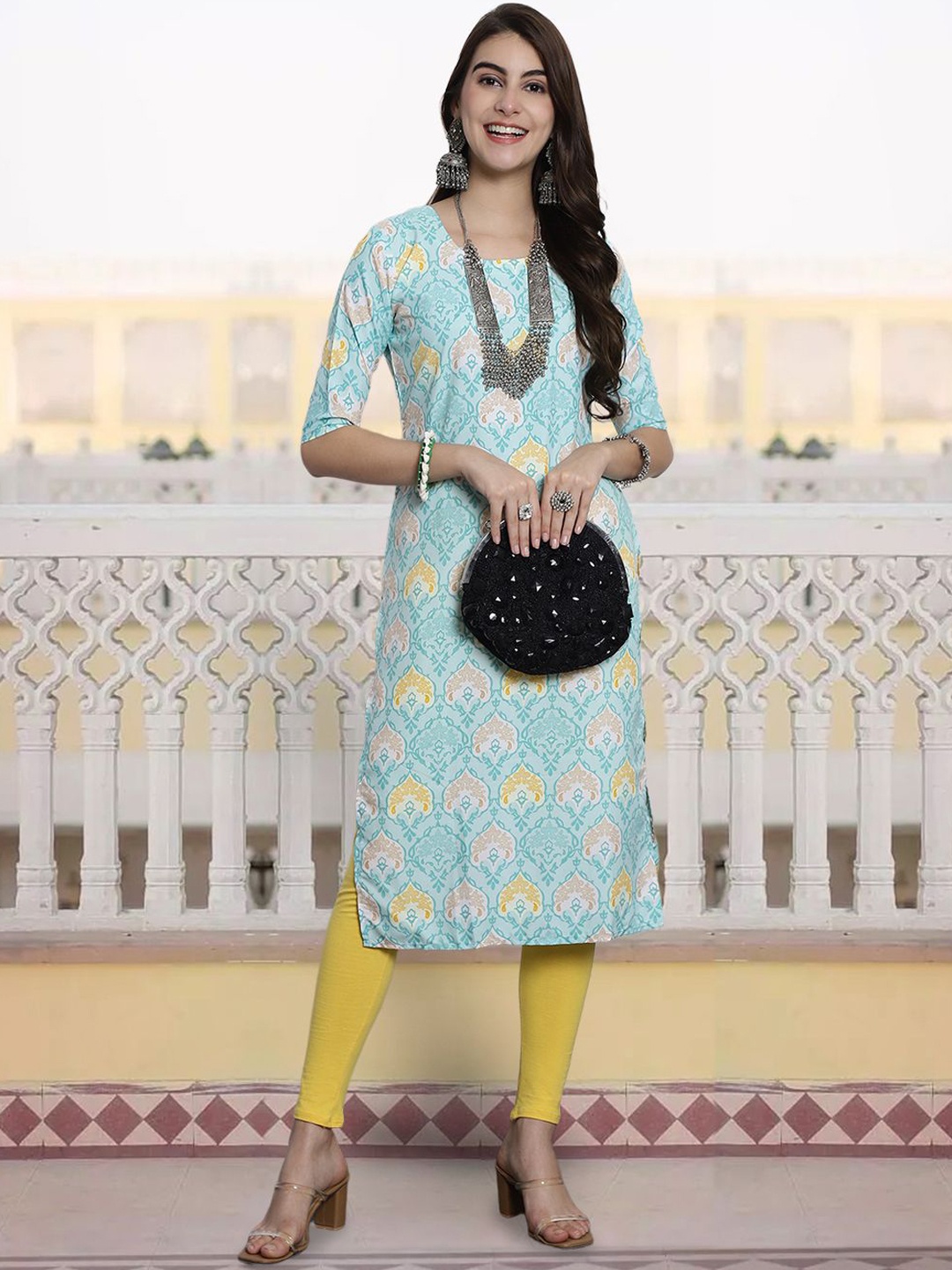 

7Threads Ethnic Motifs Digital Printed Crepe Straight Kurta, Turquoise blue