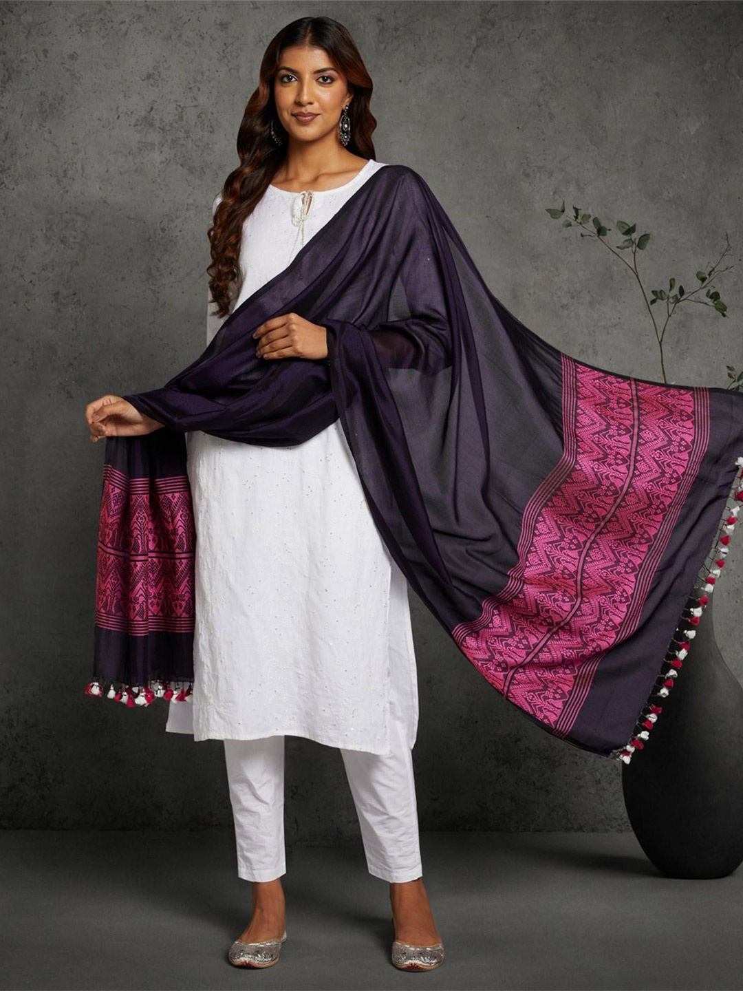 

ArtEastri Floral Woven Design Assamese Silk Cotton Dupatta, Purple