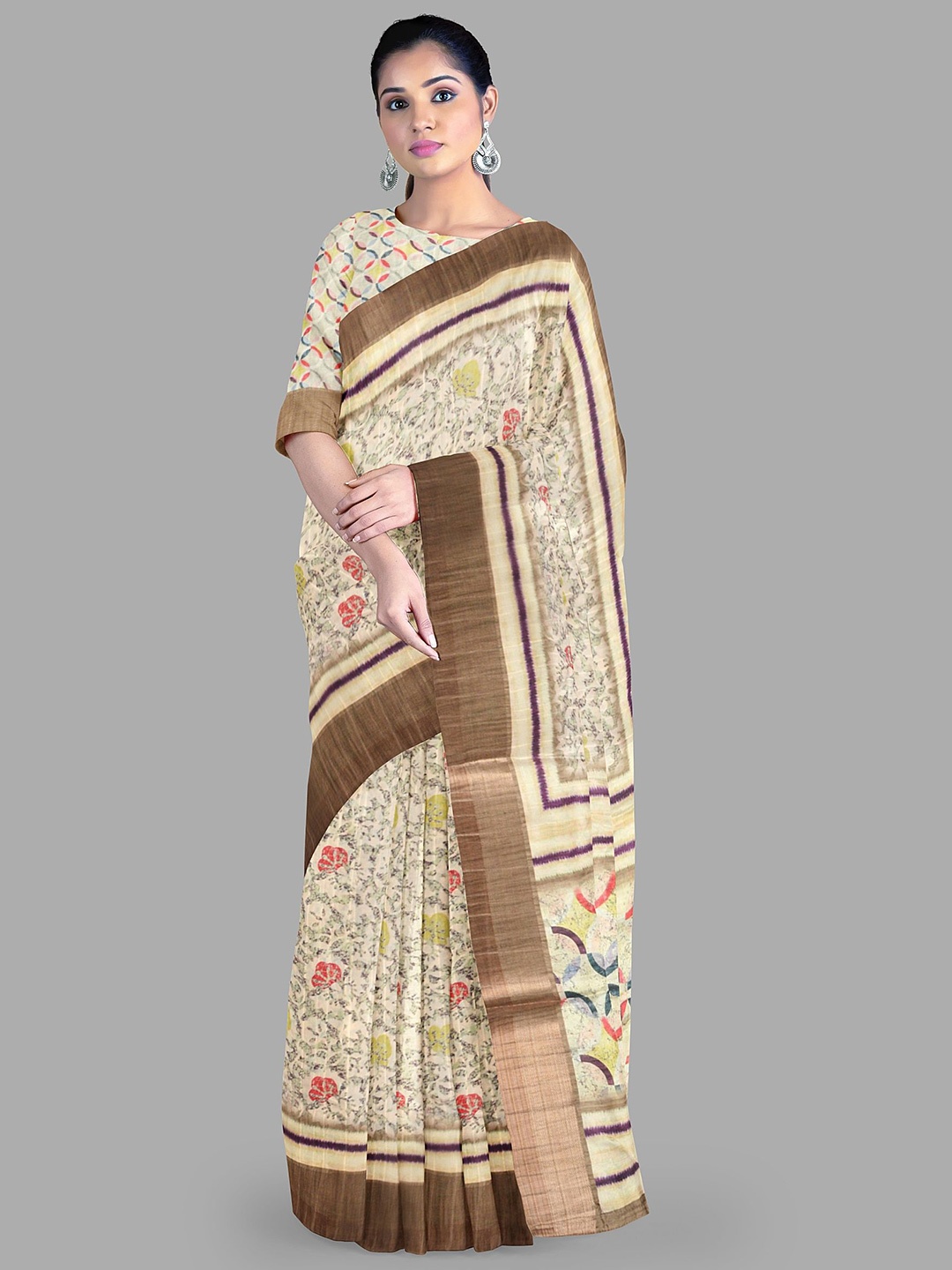 

The Chennai Silks Floral printed Banarasi dupion saree with blouse piece, Cream
