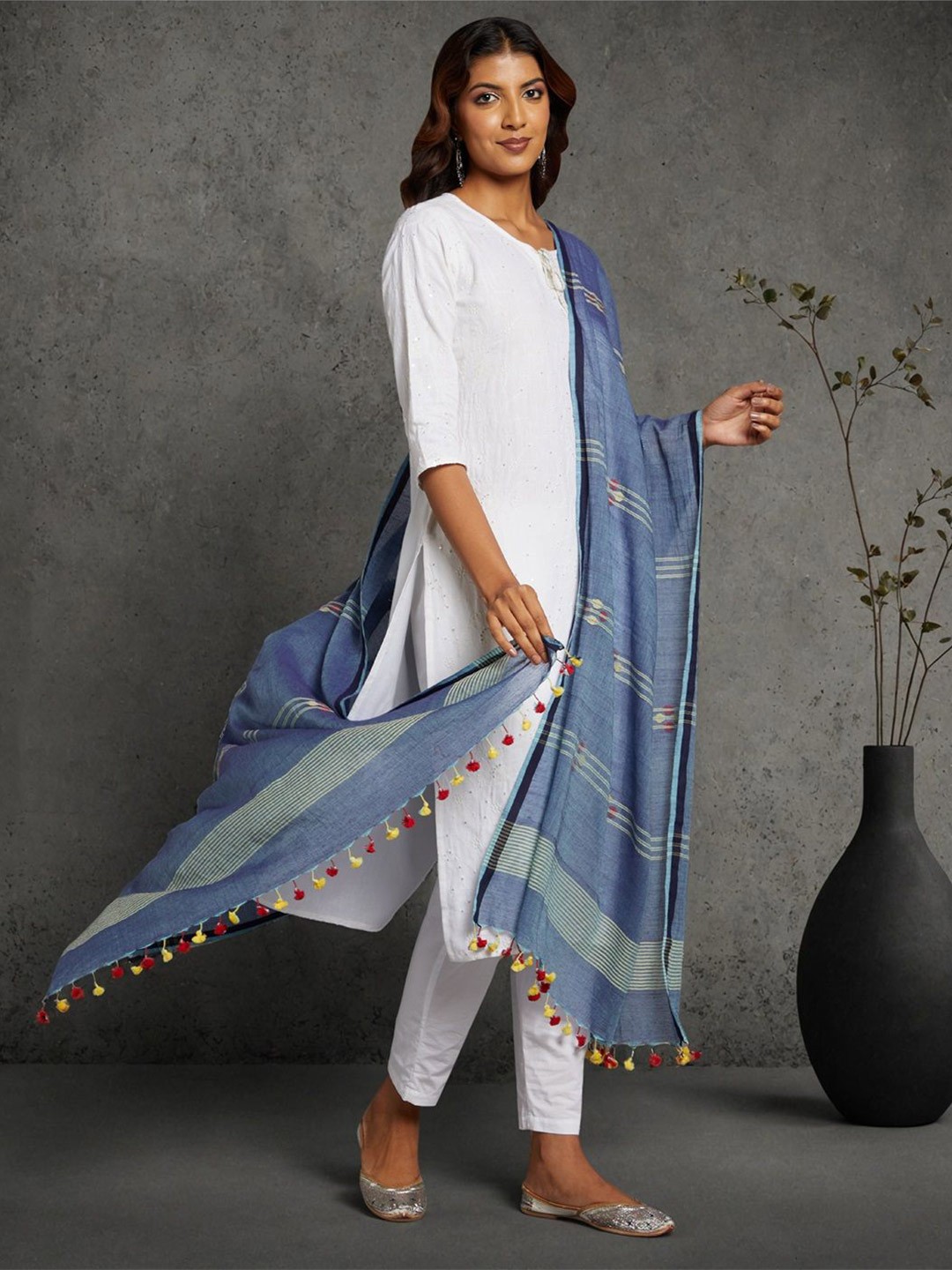 

ArtEastri Striped Woven Design Cotton Dupatta, Blue