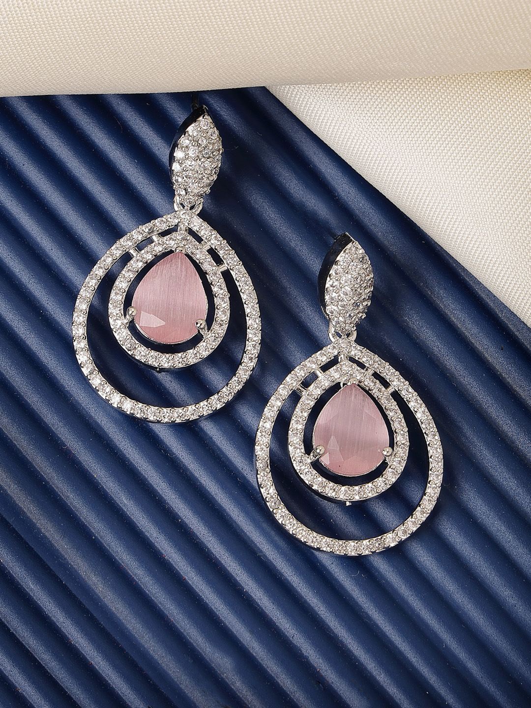 

ZENEME Rhodium-Plated American Diamond Studded Teardrop Shaped Drop Earrings, Pink