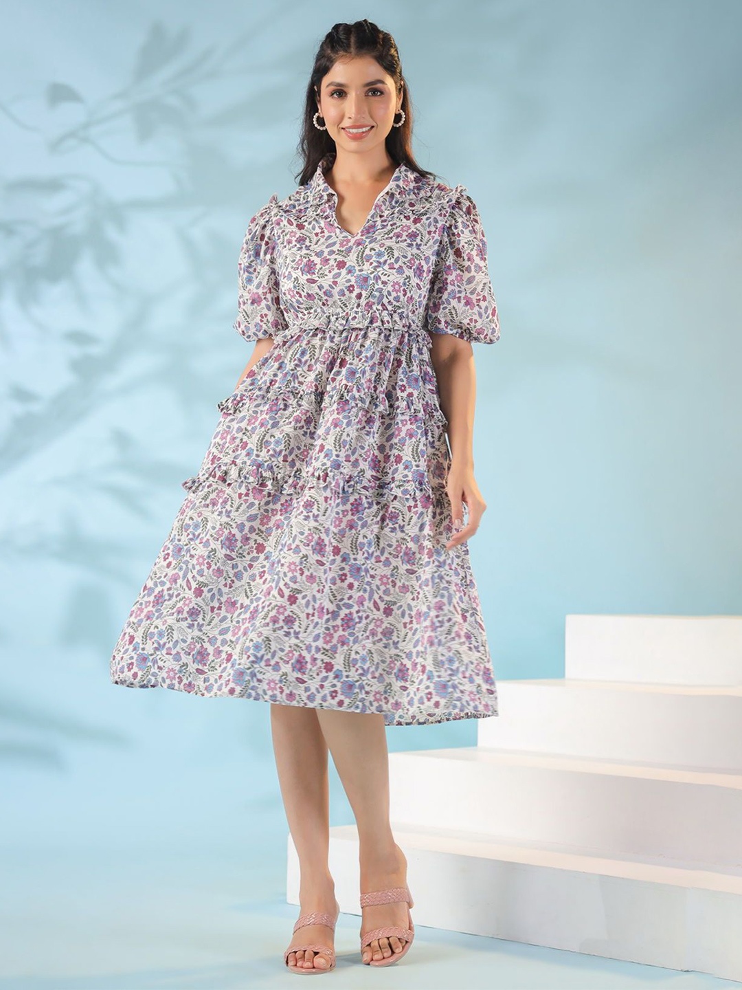 

Polago Clothing Floral Printed Cotton Fit and Flare Dress, White