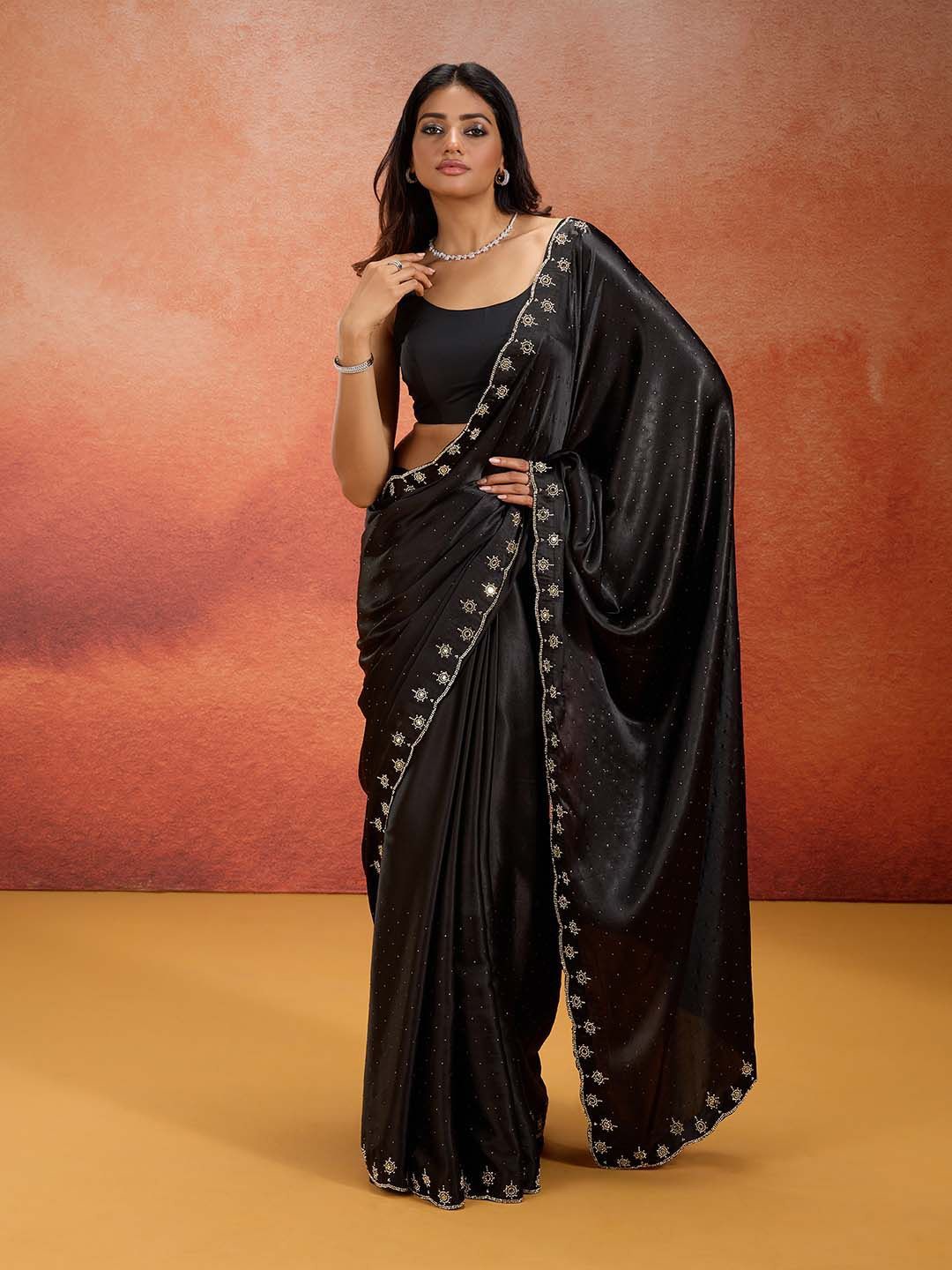 

Likha Embellished Beads and Stones Satin Saree, Black