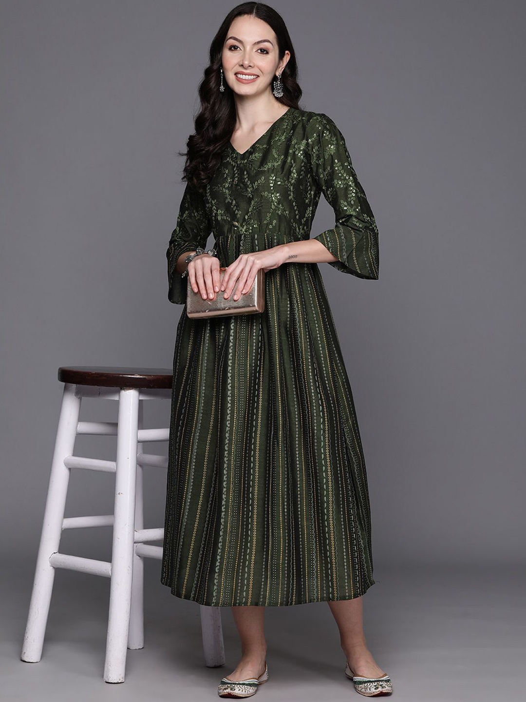 

Indo Era Embroidered Bell Sleeve A-Line Midi Dress, Green