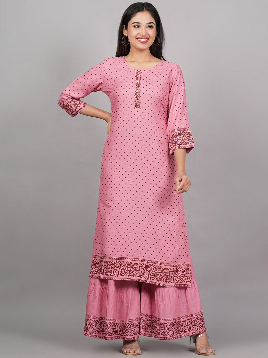 

MF Hayat Women Floral Printed Regular Kurta with Sharara, Pink