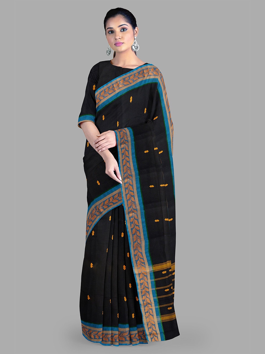 

The Chennai Silks Woven Design Zari Pure Cotton Chettinad Saree, Black