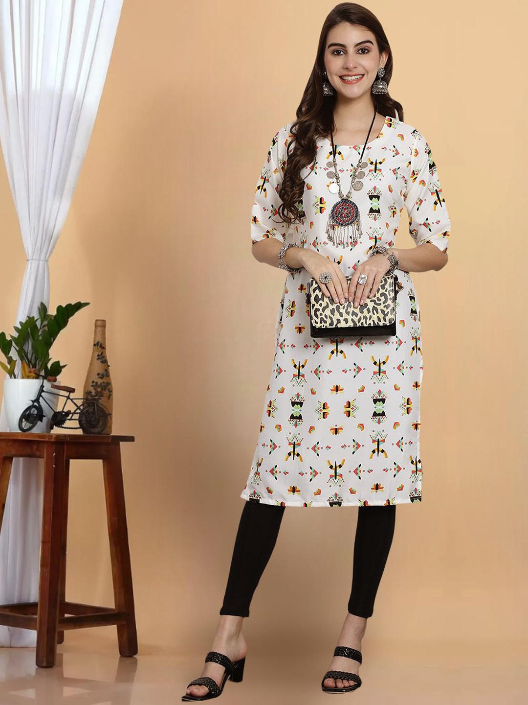 

7Threads Ethnic Motifs Printed Round Neck Crepe Straight Kurta, White