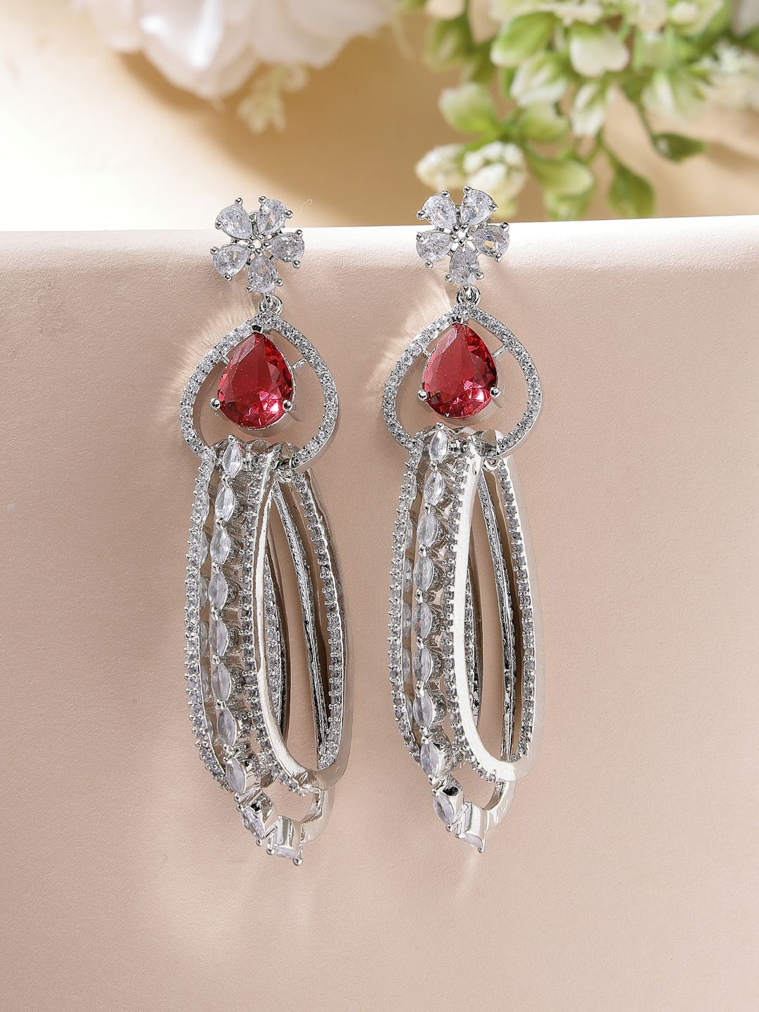 

ZENEME Rhodium Plated Contemporary American Diamond Studded Drop Earrings, Red