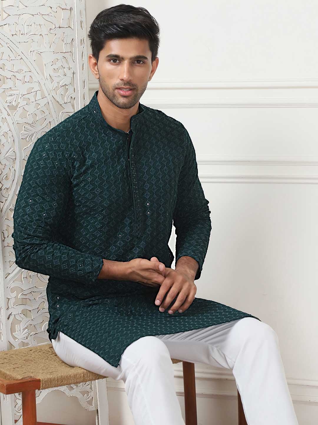 

Anouk Embroidered Regular Sequinned Kurta with Pyjamas, Olive