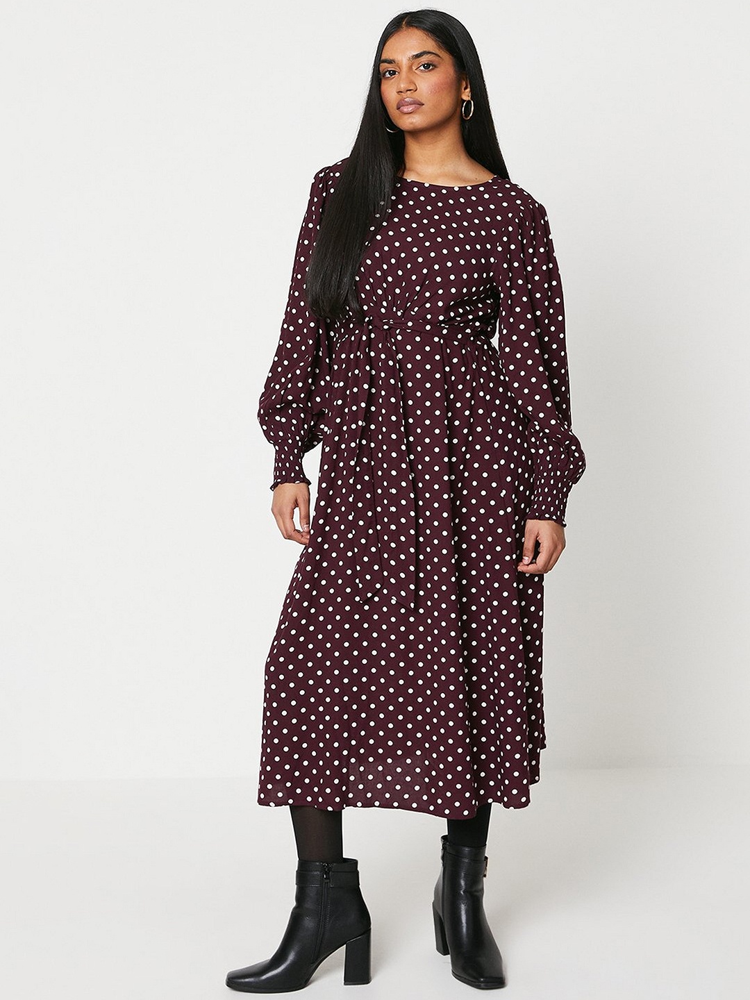 

DOROTHY PERKINS Polka Dot Print Puff Sleeve Sheath Midi Dress, Burgundy