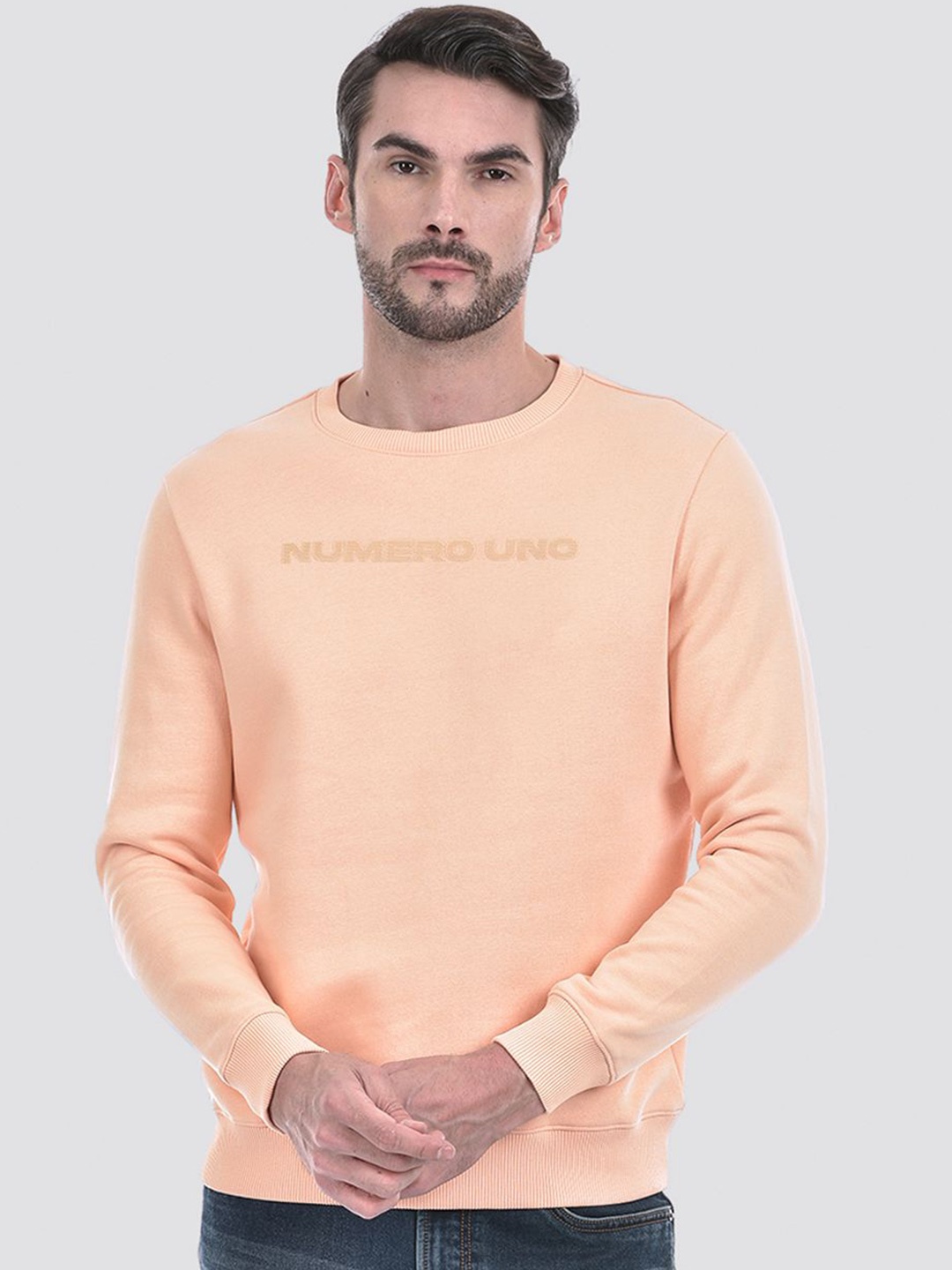 

Numero Uno Men Typography Printed Sweatshirt, Peach