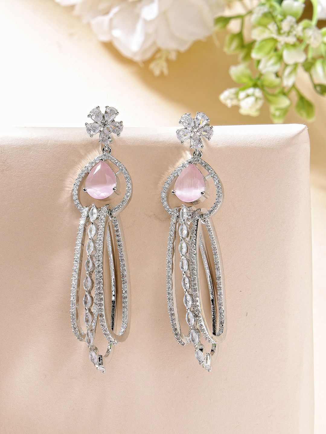 

ZENEME Rhodium Plated American Diamond Studded Contemporary Drop Earrings, Pink