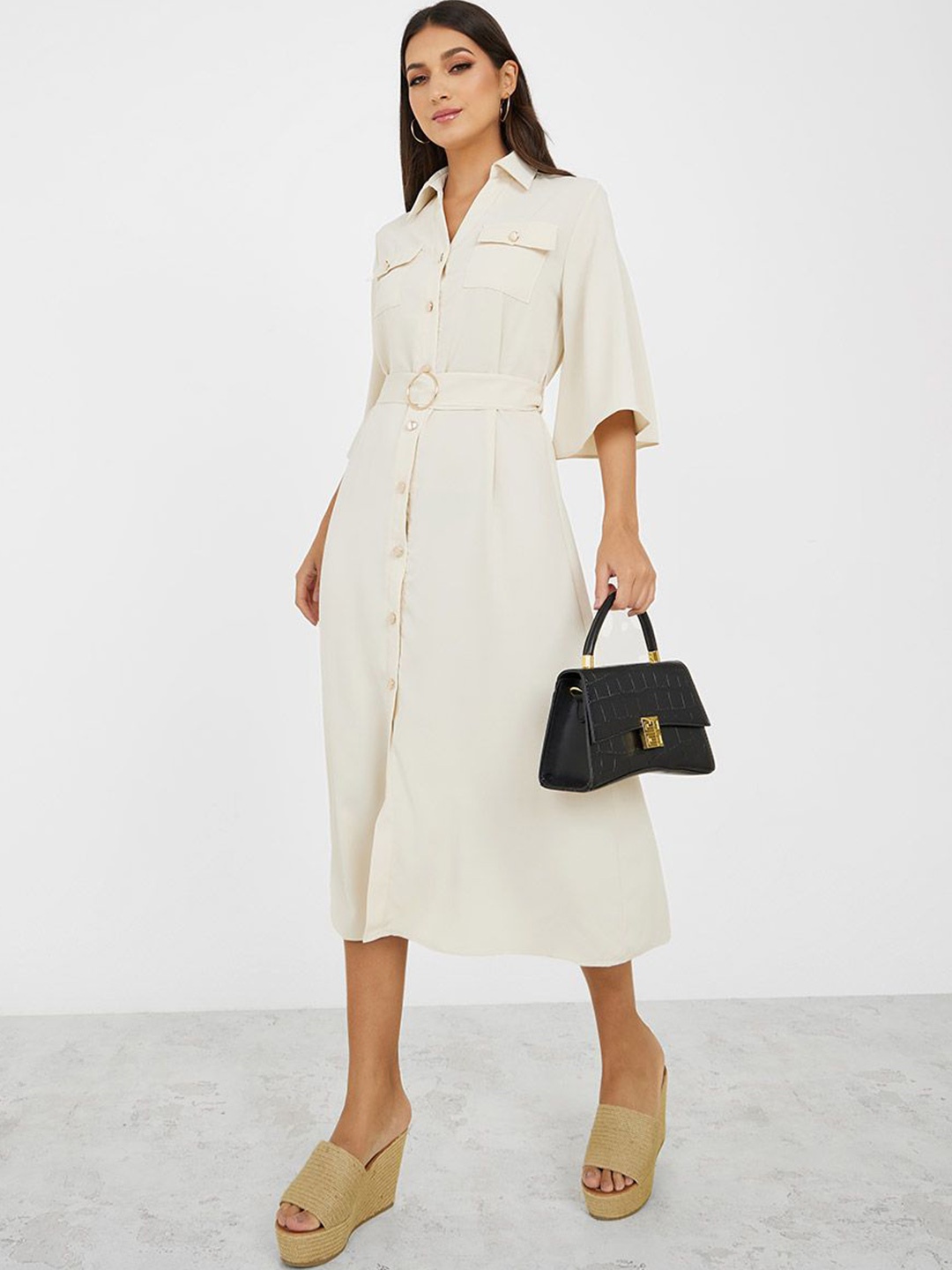 

Styli Flutter Sleeve Flap Pocket Belted Shirt Midi Dress, Off white