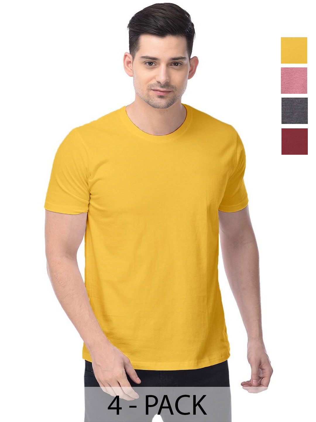 

COLOR CAPITAL Unisex Pack Of 4 Solid Round Neck Cotton T-shirts, Yellow